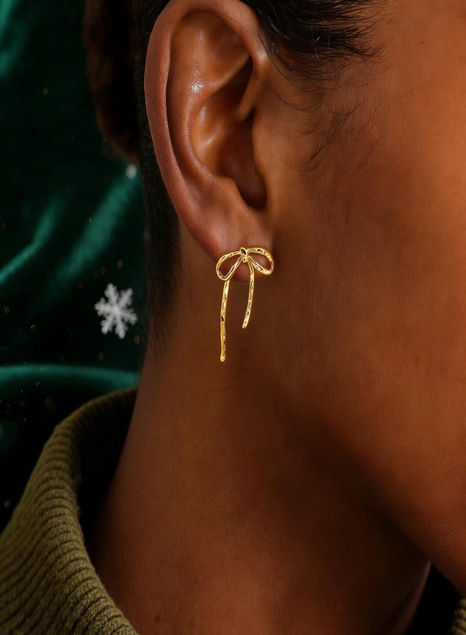 Moodear Gold Bow Earrings Ribbon BowStud Earrings for Women Trendy 14K Gold Plated - Cute Long Thin Big Bowknot Statement Earrings Dainty Jewelry Gifts for Women - Image 3